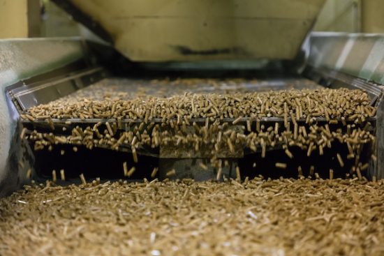 Wood pellets coming off a conveyer belt.