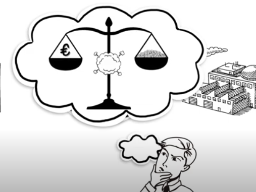 Drawing of person thinking about a scale with pellets on one side and money on the other.